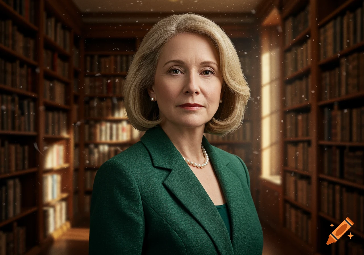 A woman with blonde hair in a green blazer and pearl necklace stands in a dimly lit library.