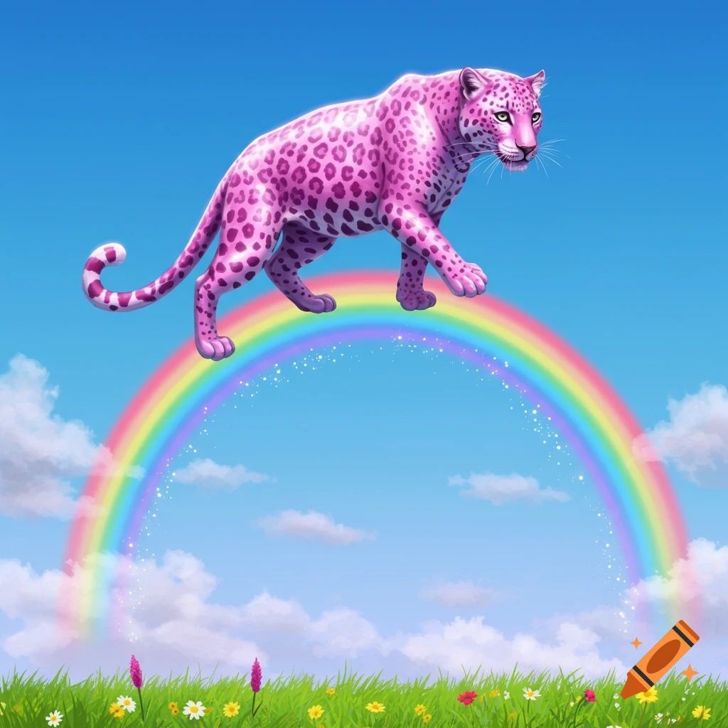 An illustrated pink leopard with dark spots walks on a rainbow arching over a grassy field of flowers under a blue sky.