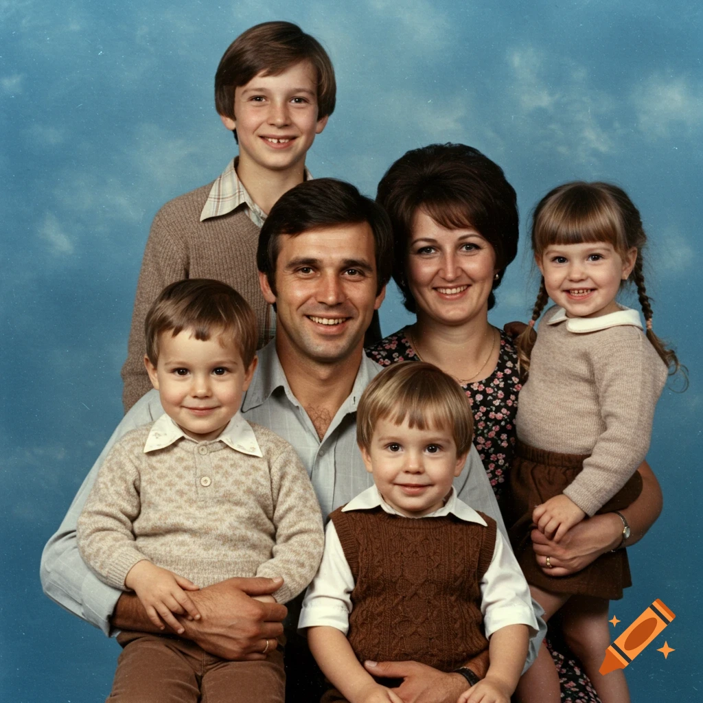 A vintage 1979 family portrait shows a smiling Ukrainian family of five, including parents and three children, against a blue background.