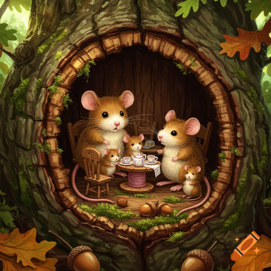 A whimsical illustration of a family of mice having a tea party inside a cozy tree hollow, surrounded by autumn leaves and acorns.