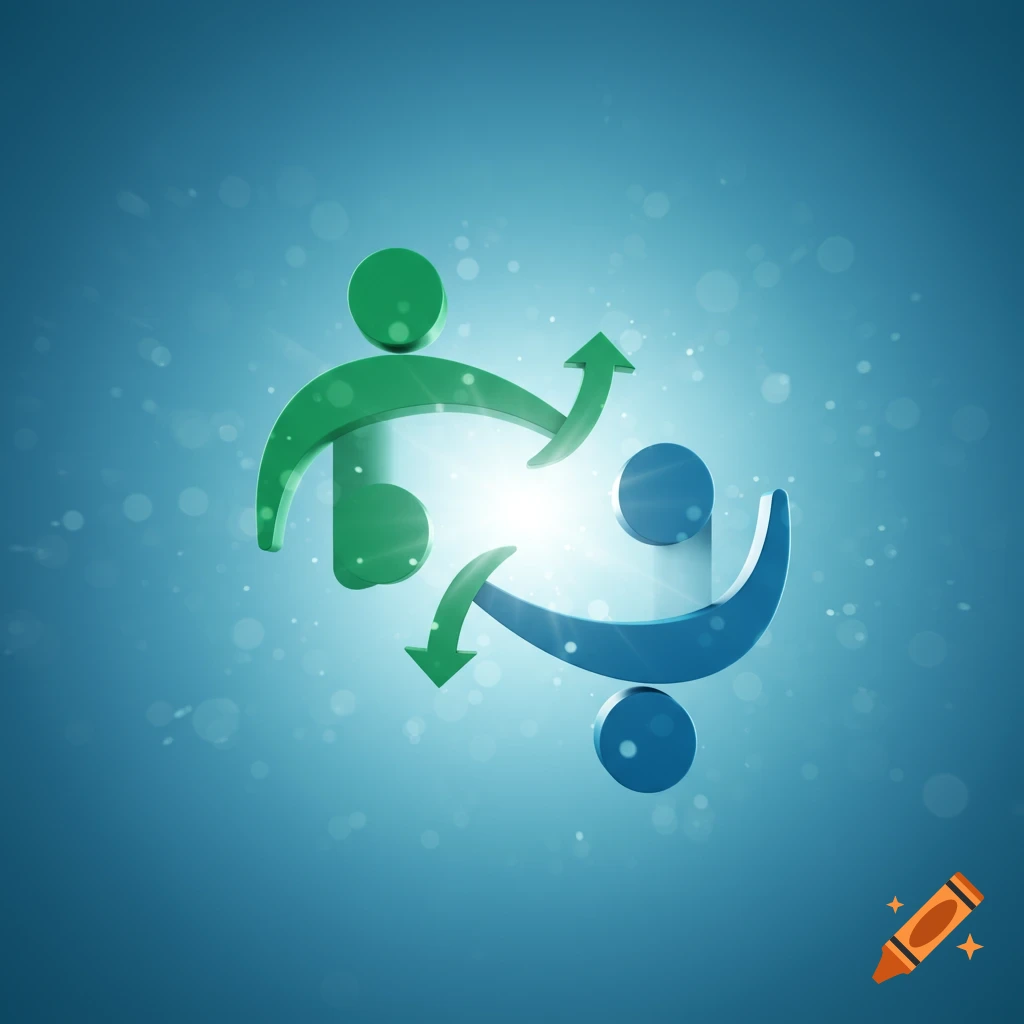 Abstract green and blue human-like symbols with arrows exchanging on a glowing blue background with bokeh lights.