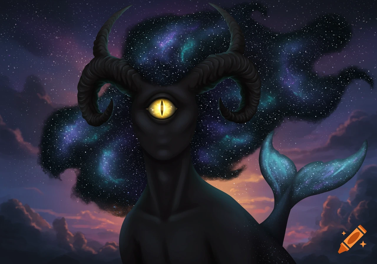 A dark, horned cyclops creature with a glowing yellow eye, a starry nebula-like mane, and a blue whale tail, against a cosmic sky.