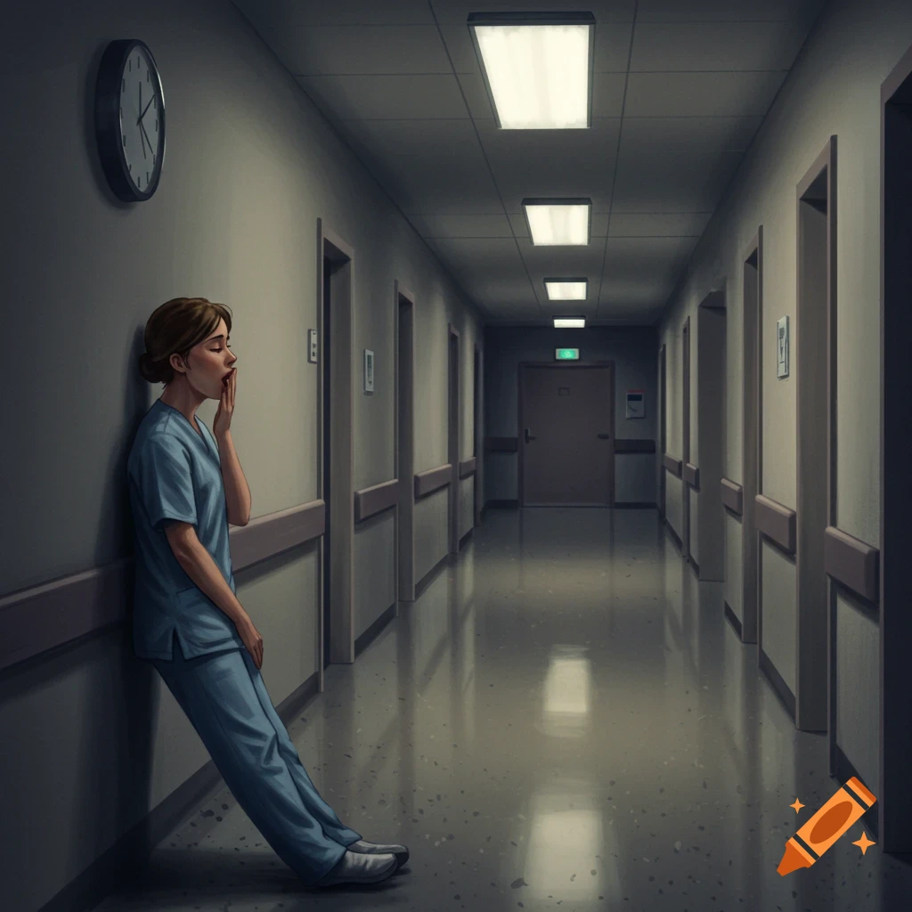 A tired nurse in scrubs yawns, leaning against a wall in a dimly lit hospital hallway with a clock.