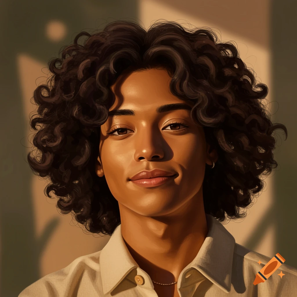 Close-up portrait of a person with dark curly hair and warm skin, bathed in golden sunlight.