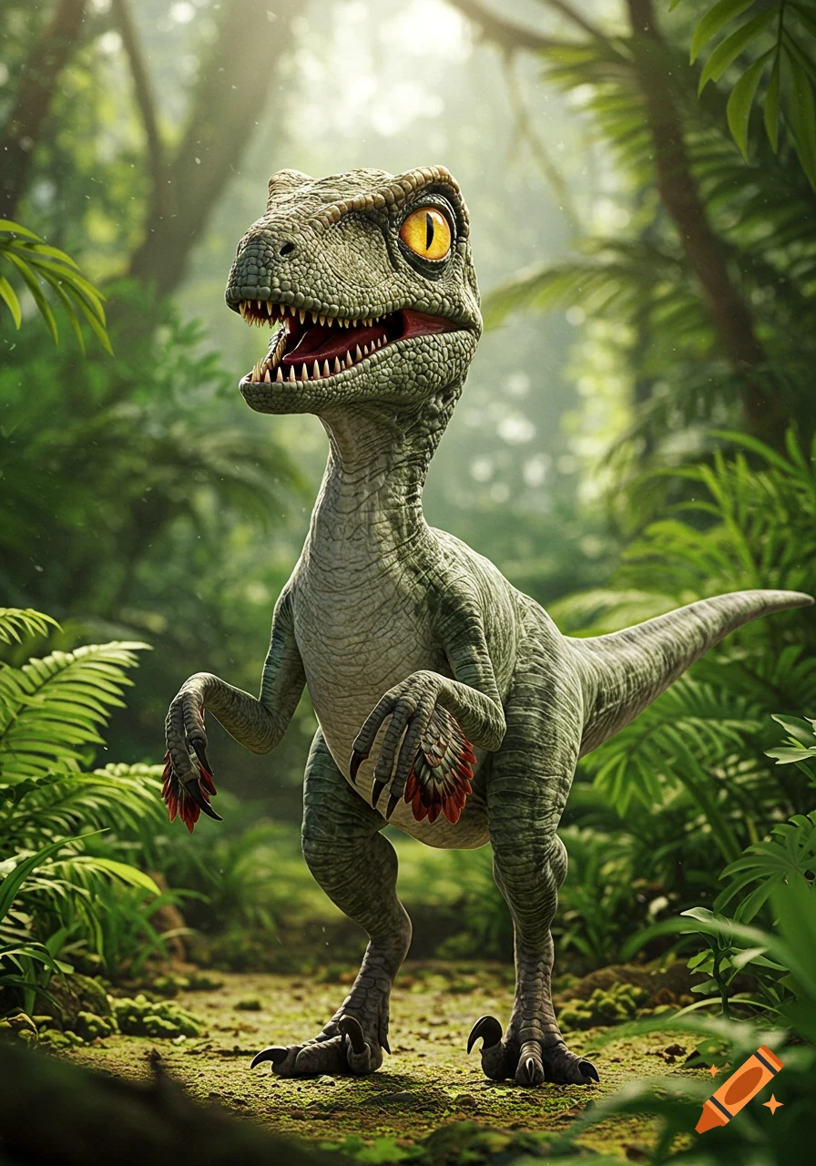 A stylized green dinosaur with large yellow eyes and sharp teeth stands in a lush, sunlit jungle, looking upward.