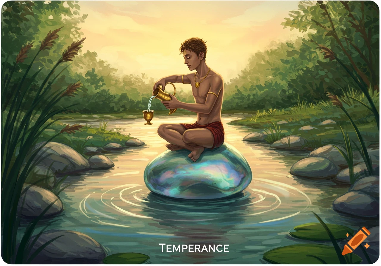 A young man in red shorts sits on a glowing iridescent stone in a stream, pouring water from a golden pitcher into a cup. Lush green foliage frames the scene under a golden sky, with the word "TEMPERANCE" at the bottom.