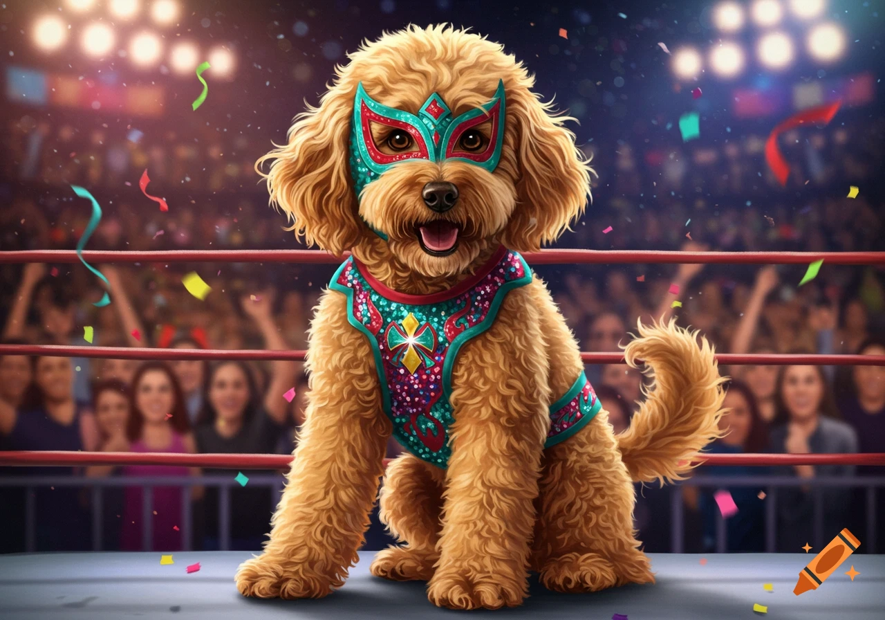 A golden doodle dog in a colorful luchador mask and outfit sits in a wrestling ring with confetti, digital art.