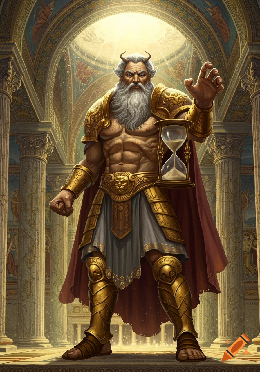 A muscular, bearded god with horns and golden armor stands in a grand temple, holding an hourglass and raising a hand, depicted in an epic fantasy art style.