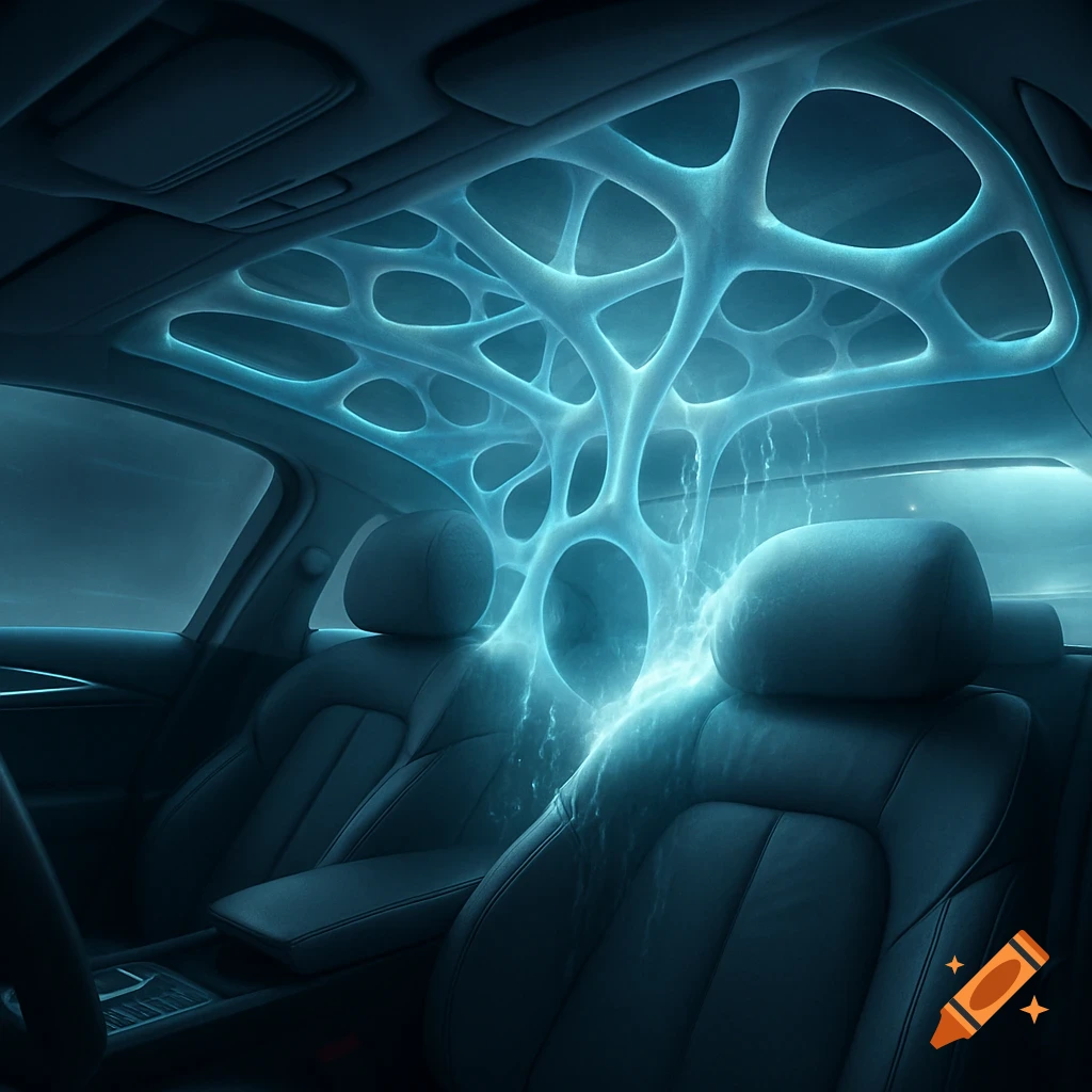 Futuristic car interior with glowing blue, organic network structure on the ceiling and flowing energy onto the seats.