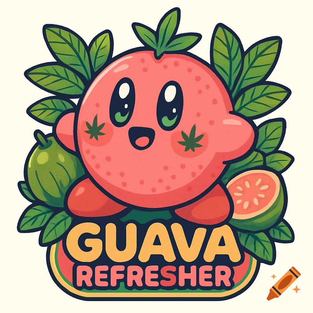 A cute, pink Kirby-like cartoon guava character with cannabis leaves, surrounded by guava fruit and leaves, with 'GUAVA REFRESHER' text. Vector art.