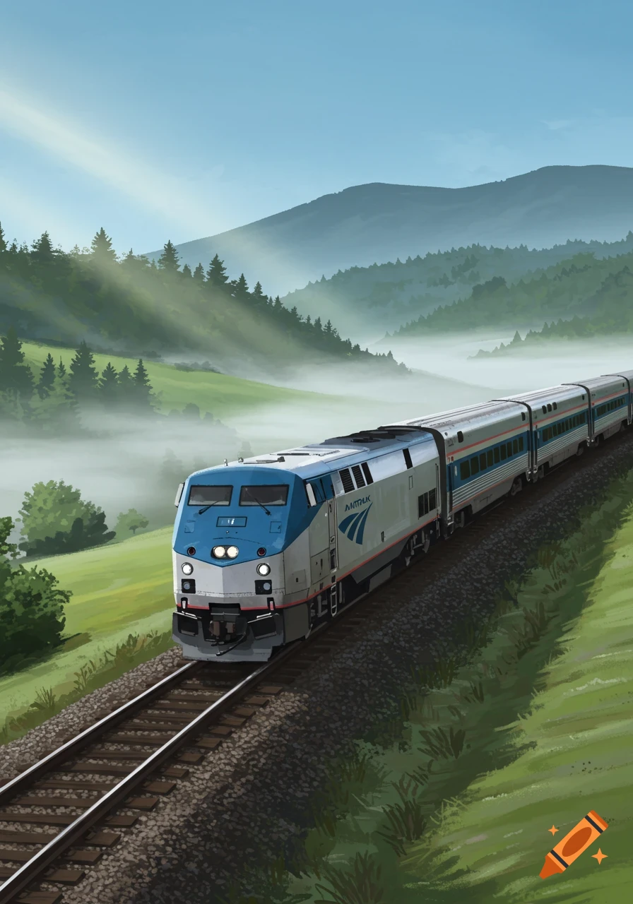 A blue and silver Amtrak train travels along tracks through a misty, green mountain landscape with trees under a blue sky, digital painting style.
