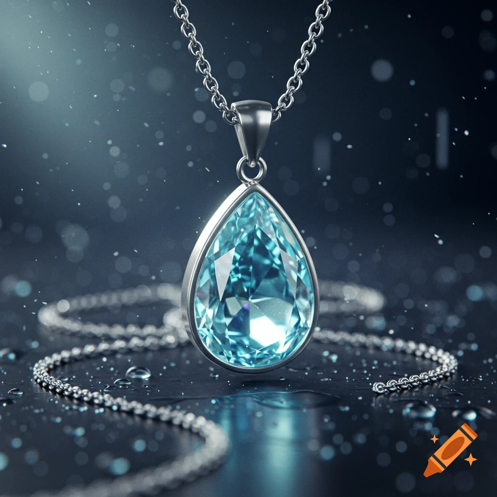 A close-up of a silver necklace with a large teardrop-shaped blue gemstone pendant, amidst water droplets on a dark surface.