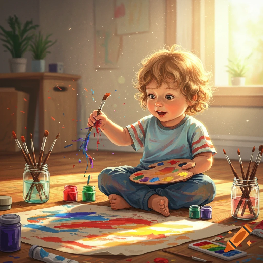 A joyful child with curly hair sits on a wooden floor, painting with colorful paints on paper, surrounded by art supplies.
