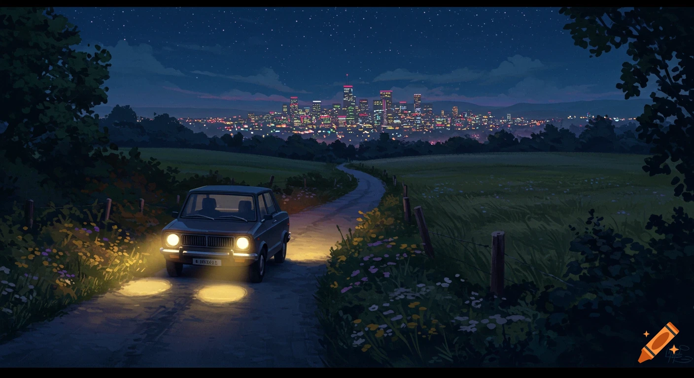 A car drives down a winding country road at night, headlights illuminating the path, with a distant city skyline glowing under a starry sky.