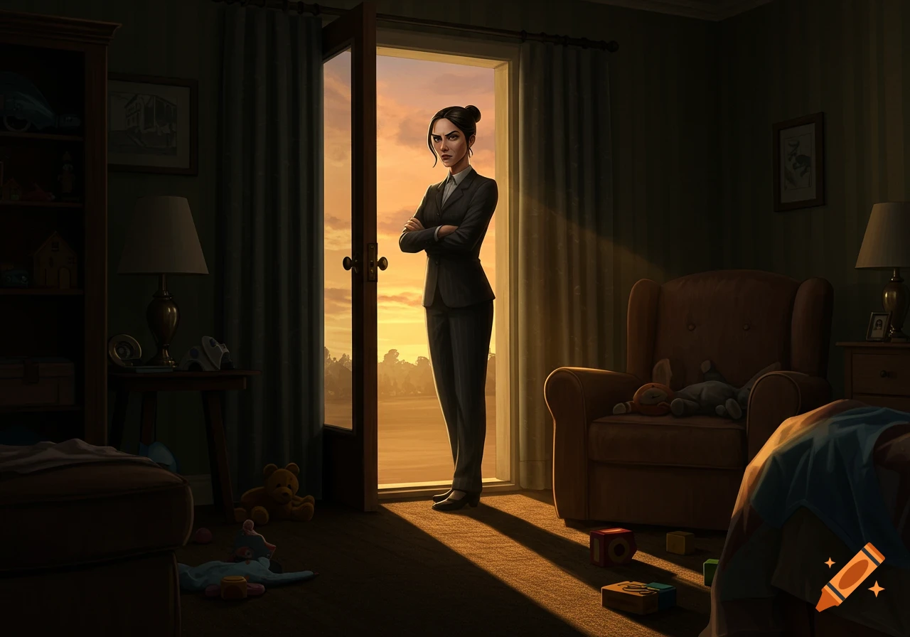 A stern woman in a dark suit stands in a doorway, silhouetted by a golden sunset, looking into a dimly lit messy room with toys.
