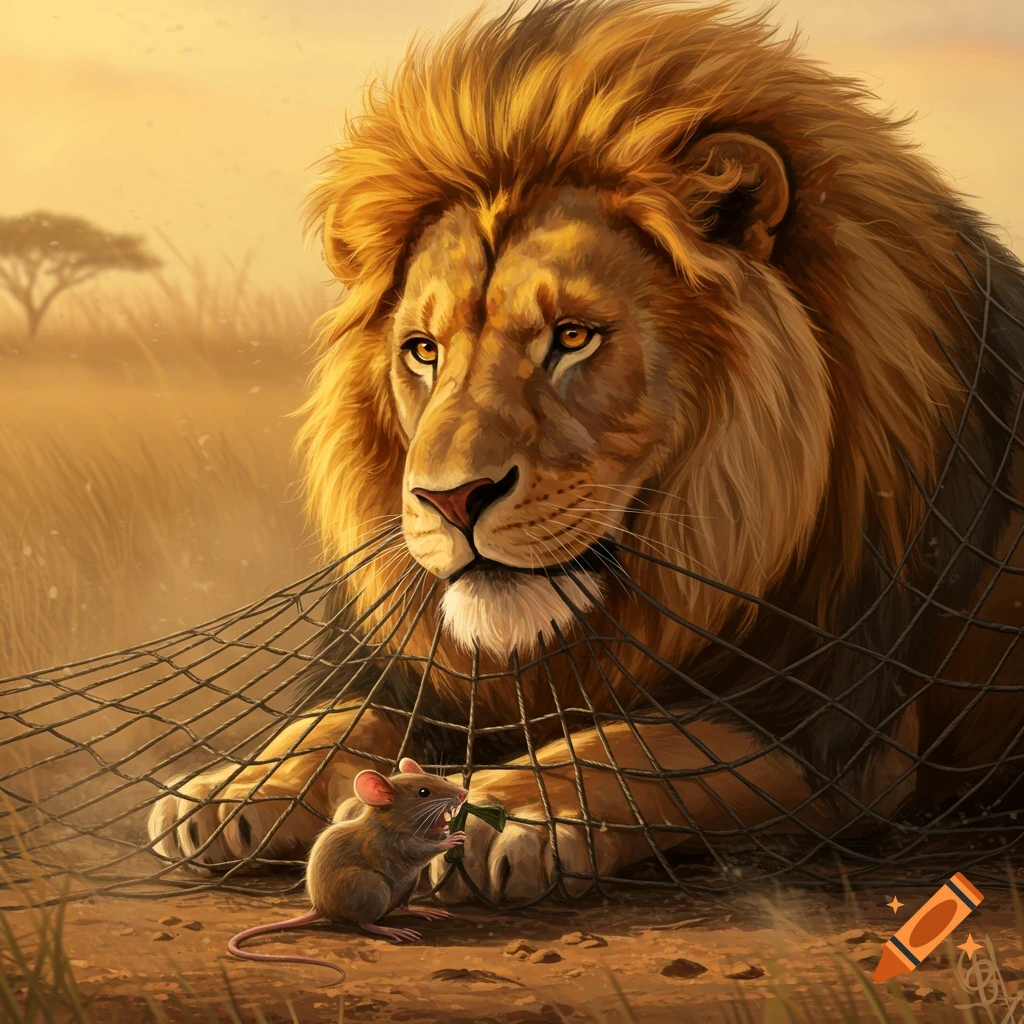 A majestic lion, caught in a net, gazes at a tiny mouse chewing on the net in a sunlit savanna illustration.