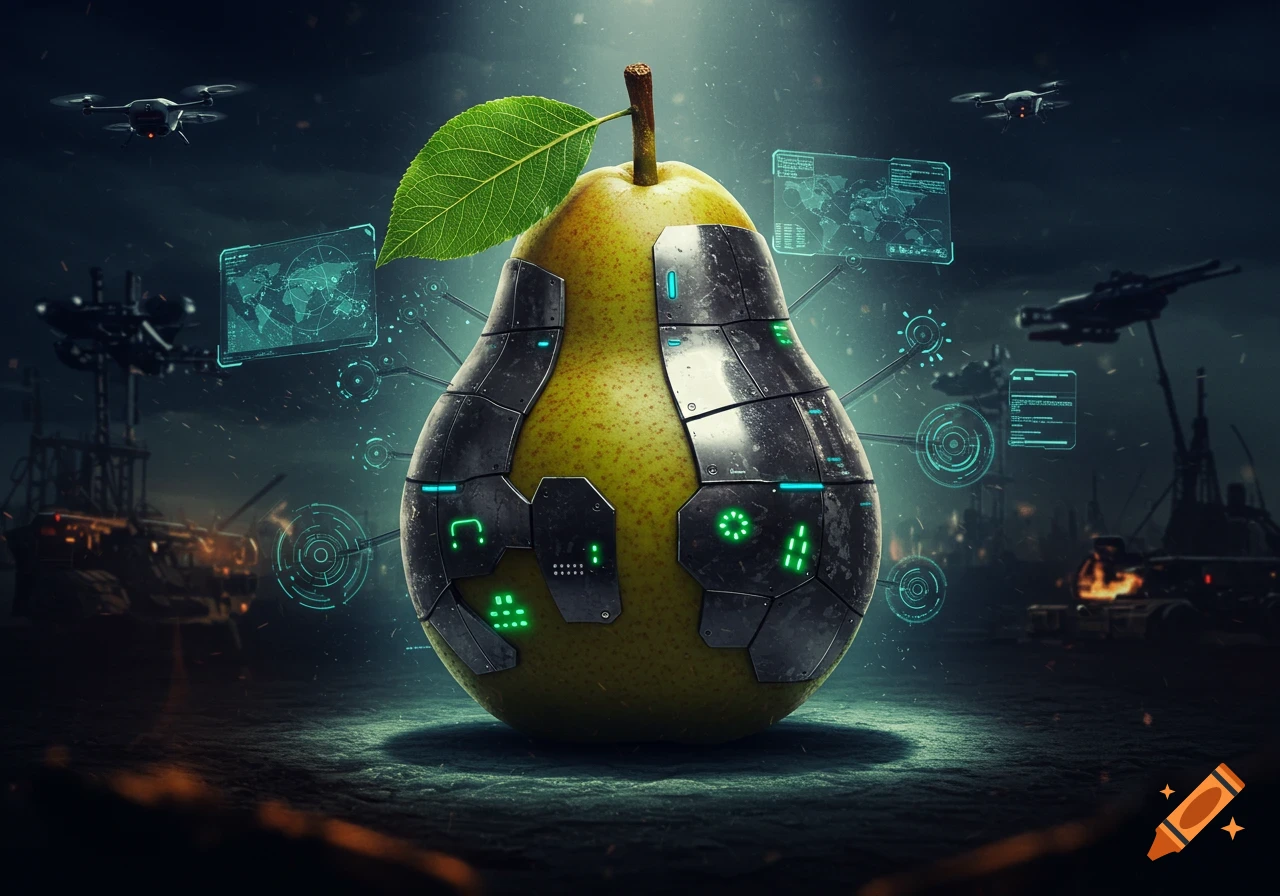 A futuristic pear covered in metal armor with glowing lights, surrounded by holographic screens, drones, and industrial structures under a dark sky.