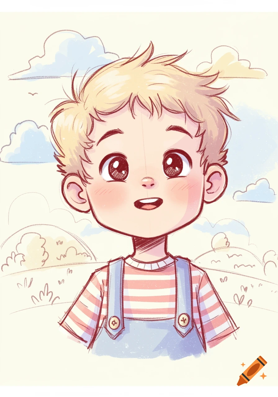 Cartoon sketch of a blond boy with rosy cheeks wearing a red and white striped shirt and blue overalls, against a background of hills and clouds.