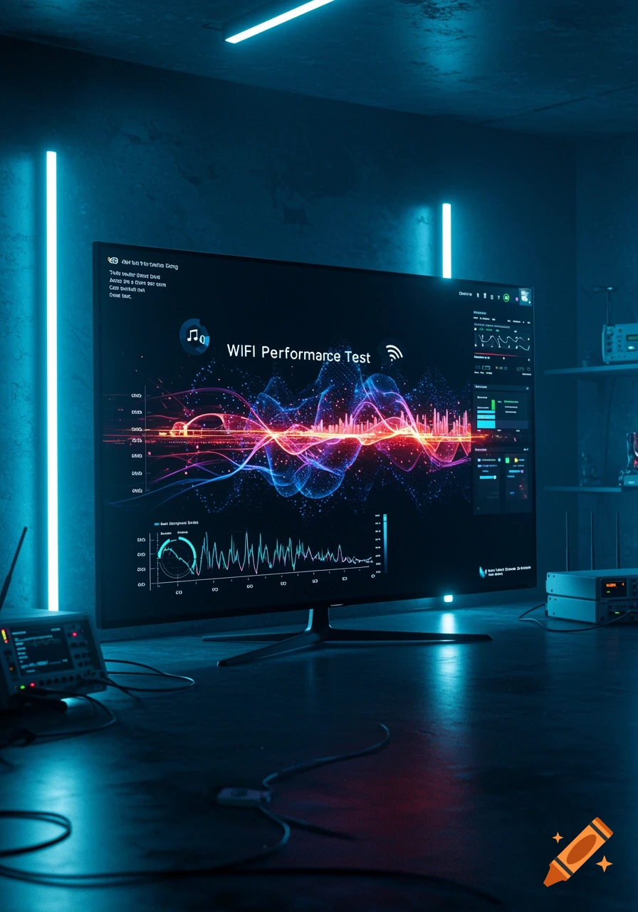A large monitor in a dark room with blue neon lights displays a "WIFI Performance Test" with colorful abstract waves and graphs.