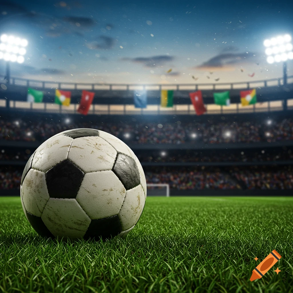 A photorealistic soccer ball rests on a green grass field inside a brightly lit stadium with blurry spectators and flags.