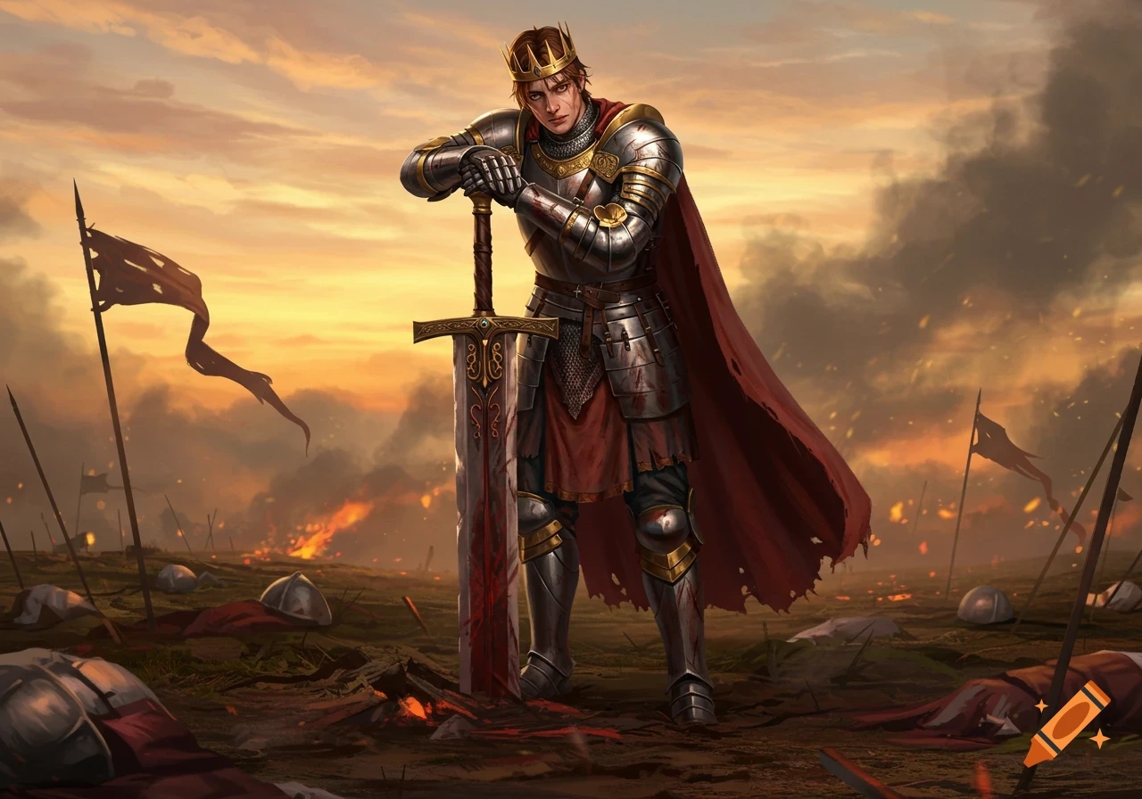 A young king in bloodied armor leans on his large sword on a desolate battlefield under an orange sunset.
