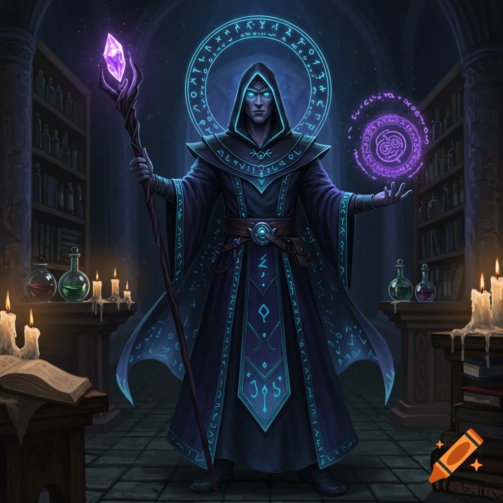 A dark magician with glowing blue eyes and a staff, standing in a dim library with magical runes glowing around him.