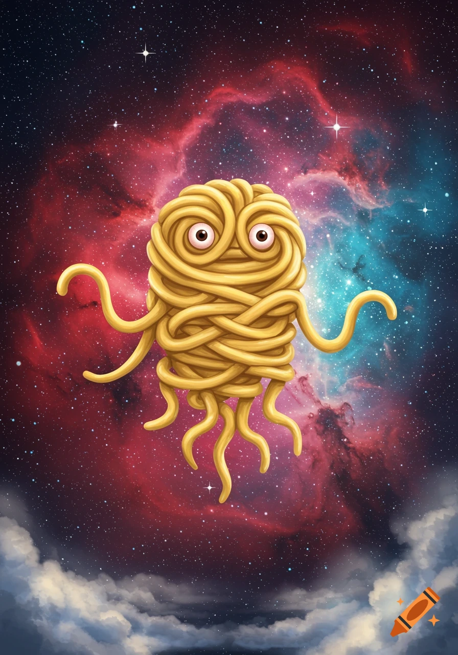 A cartoon Flying Spaghetti Monster with noodle limbs and googly eyes floats in space against a red and blue nebula, with clouds at the bottom.