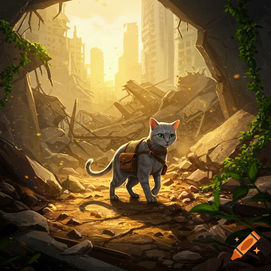 A gray cat wearing a brown satchel walks through a sunlit ruined city filled with rubble and overgrown vines, looking forward.
