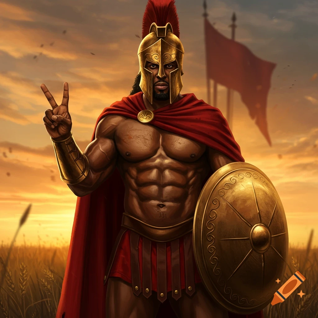 A muscular Black man in golden Spartan armor and a red cape stands in a field at sunset, making a peace sign.