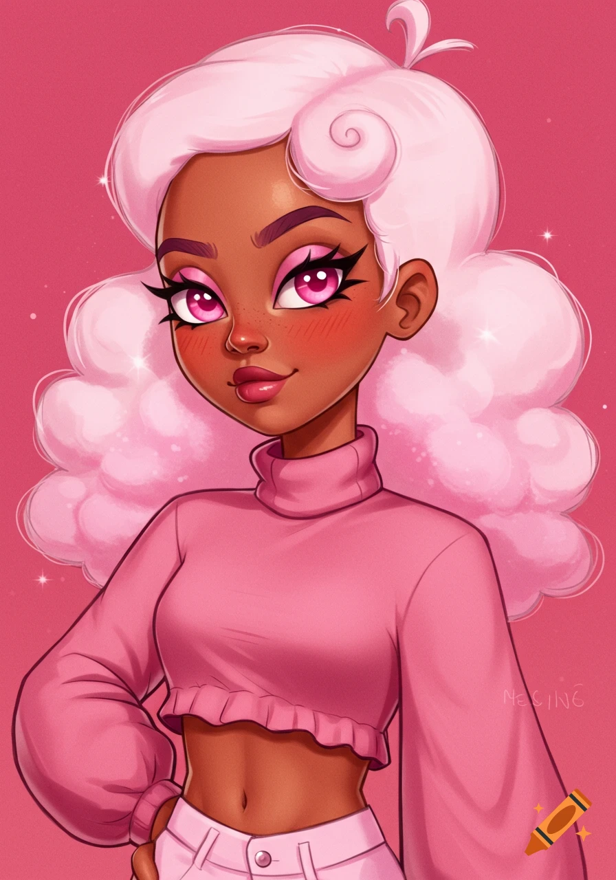 A cartoon girl with dark skin, pink cotton candy hair, and pink eyes, wearing a pink cropped sweater and pants on a pink background.