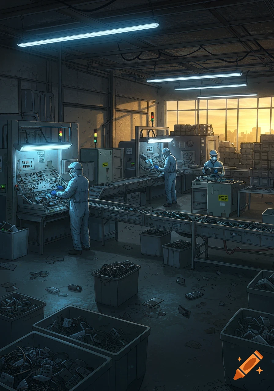 Workers in protective suits sort electronic waste on a conveyor belt in a large, busy recycling factory with a sunset visible through windows.