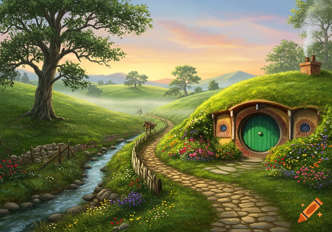 A charming hobbit hole nestled into a grassy hillside, with a green round door and colorful flowers. A stone path winds to it, alongside a flowing stream and a large tree, under a warm sunset sky.