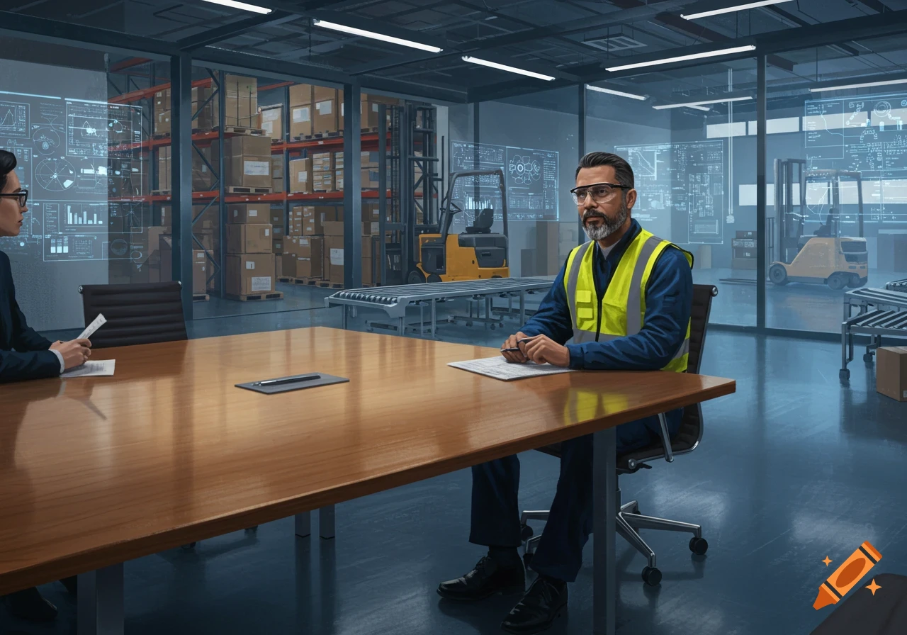 A man in a blue work suit and yellow high-vis vest sits at a long wooden conference table with another person, in an office overlooking a warehouse with forklifts and stacked boxes.