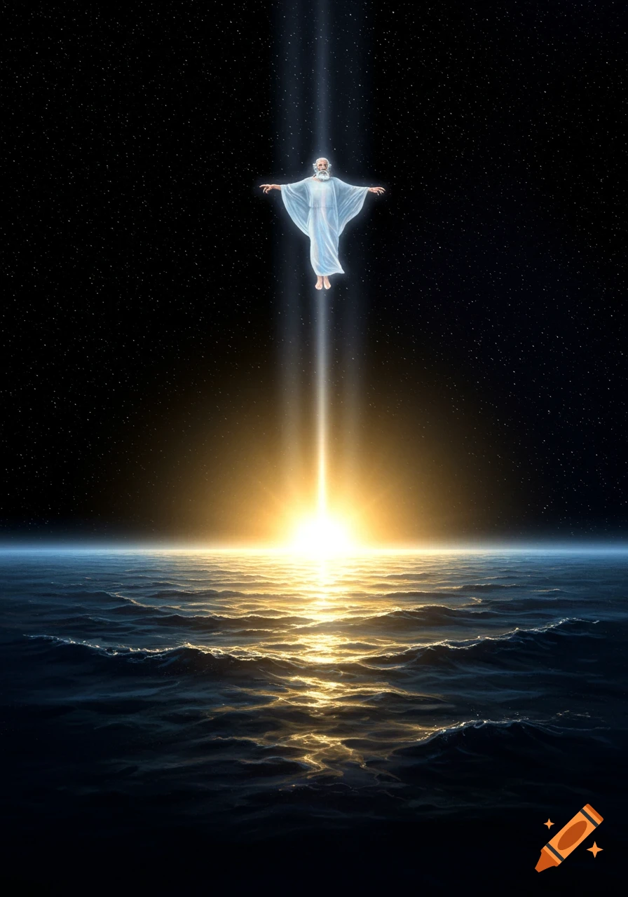 A majestic divine figure floats in space above an ocean, bathed in a brilliant golden light.