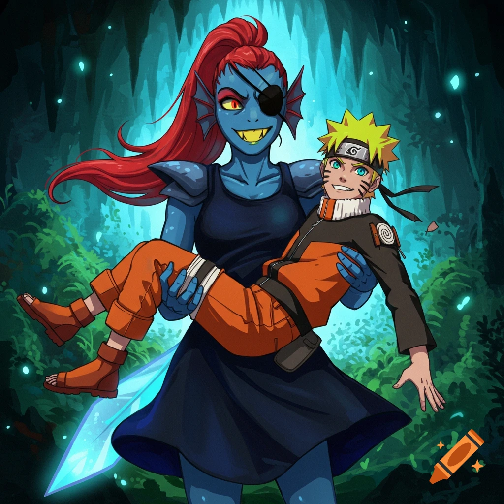Undyne from Undertale carrying Naruto Uzumaki in a lush, cavernous setting with glowing elements.