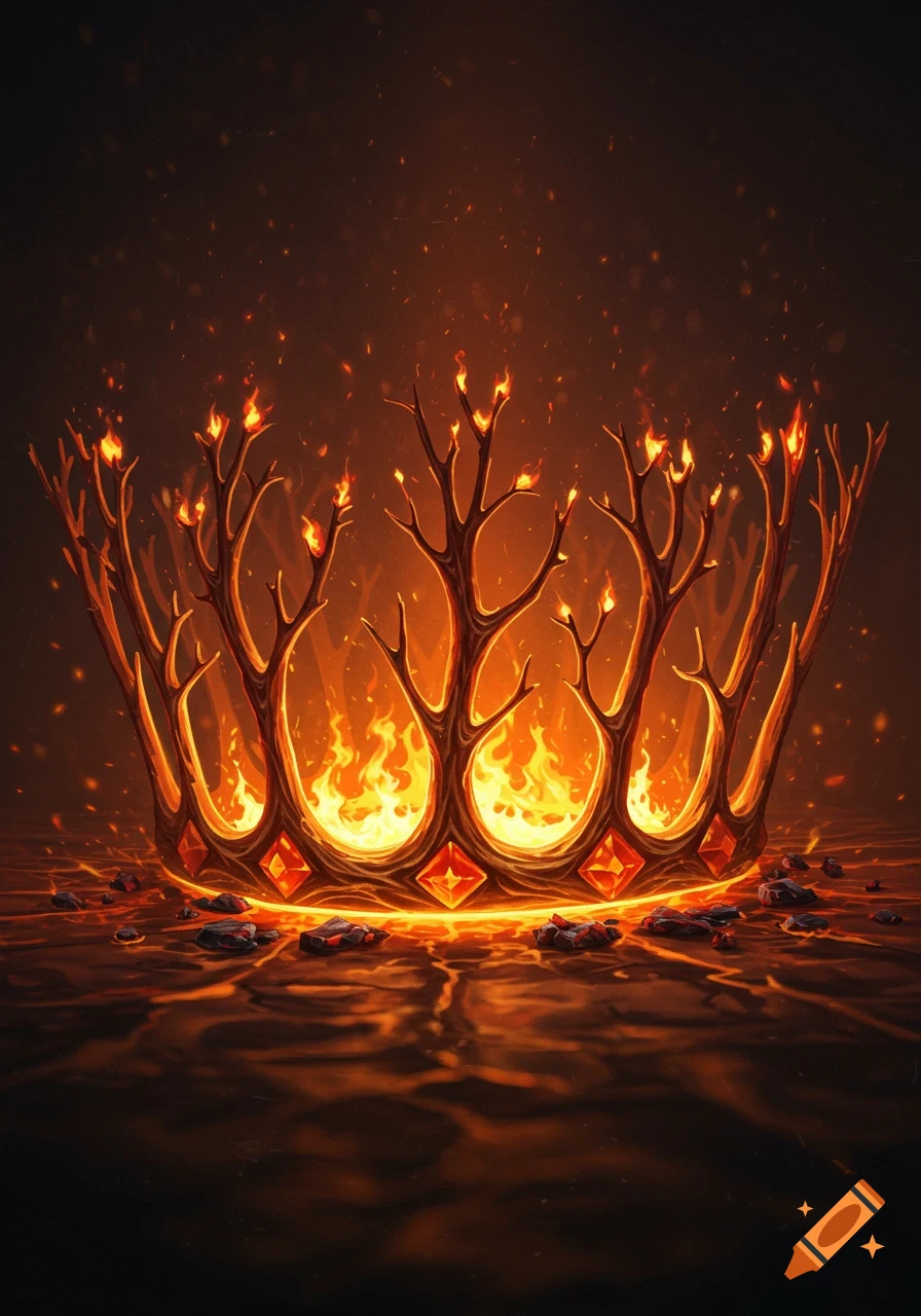 A fantasy crown made of dark, gnarled branches, glowing brightly from within with fire and embers, resting on a molten surface.