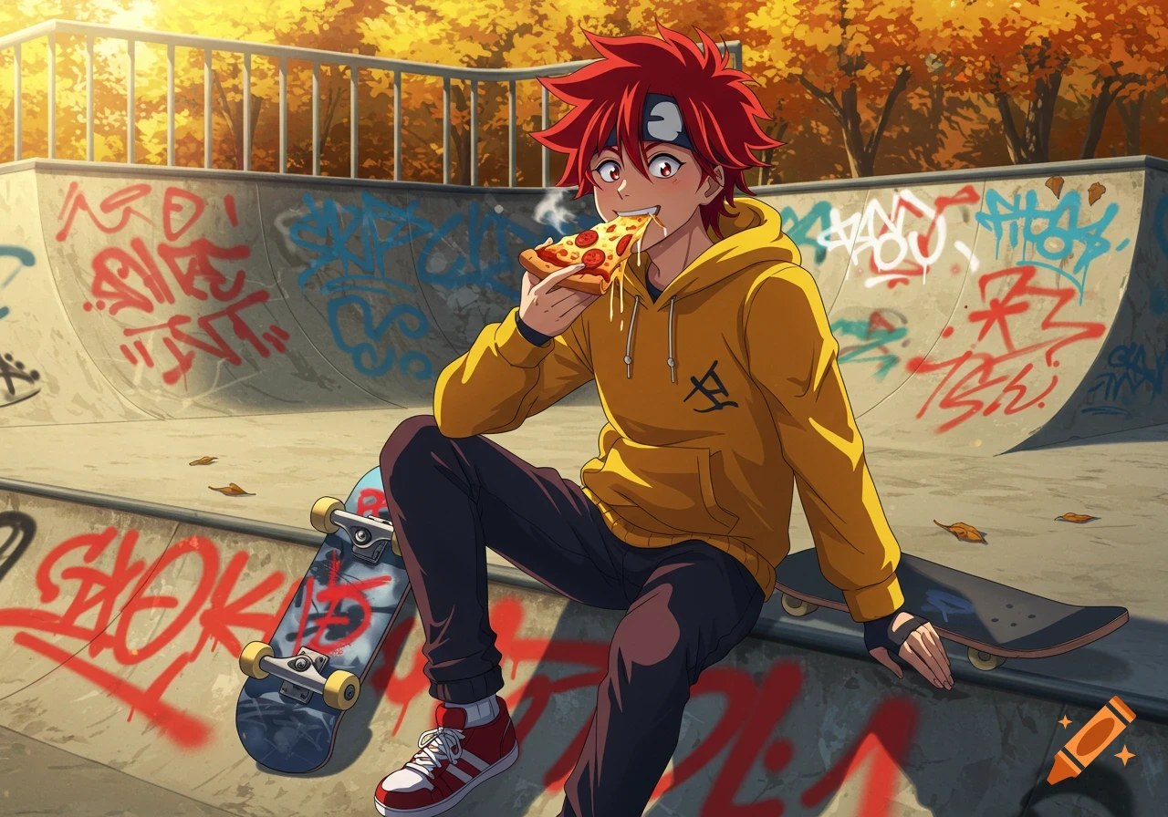 An anime boy with red hair and a yellow hoodie sits in a graffiti-covered skate park, eating a slice of pizza. A skateboard rests beside him.