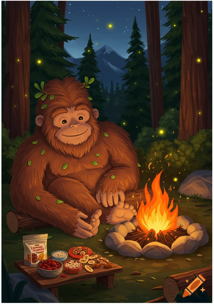 A cartoon Sasquatch sits by a glowing campfire in a forest at night, with a table of snacks beside him in an illustrated style.