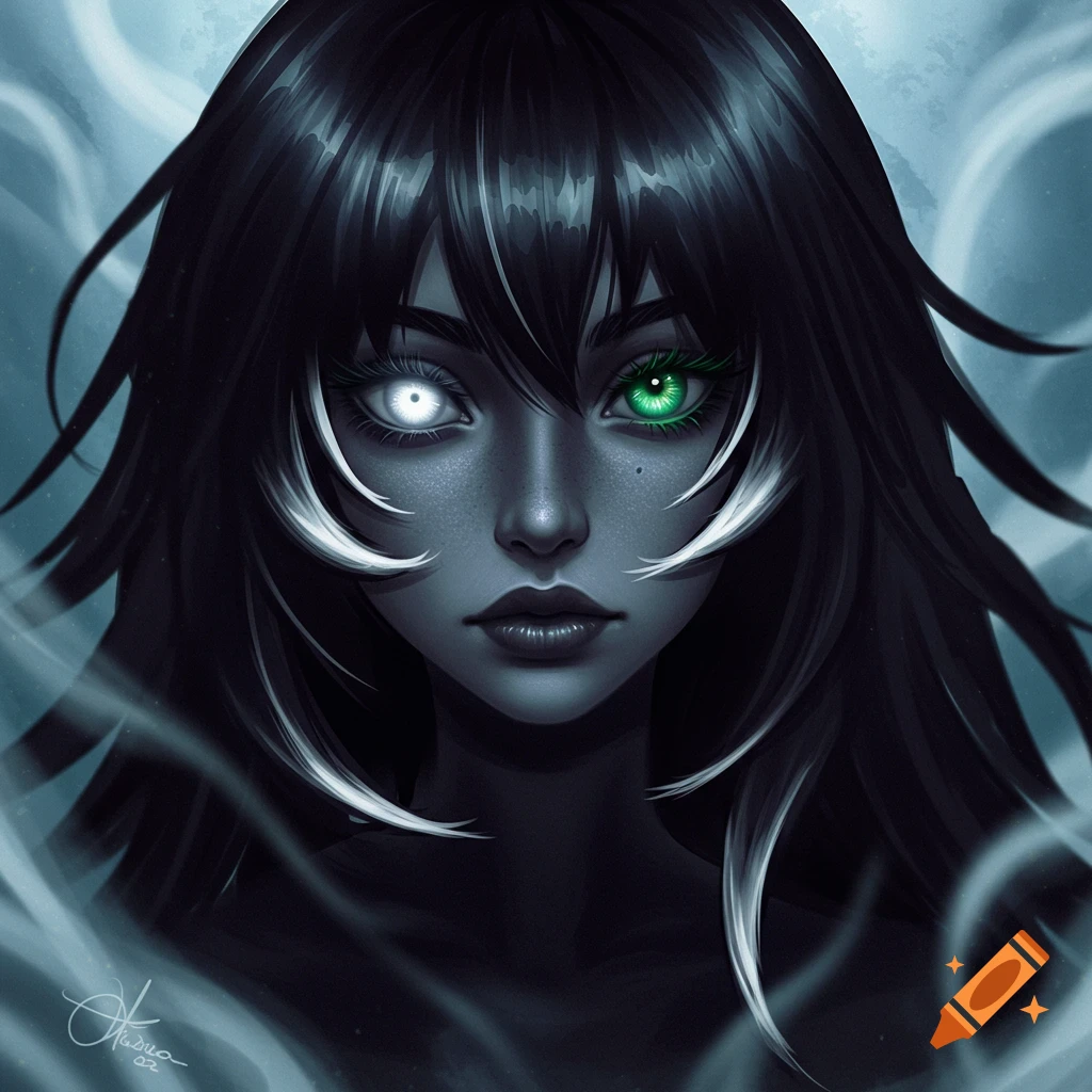 Close-up portrait of a character with long black hair, one white eye, and one green eye, with white hair strands framing the face, in a dark, ethereal style.