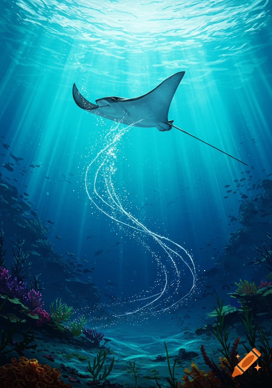 An eagle ray swims gracefully through sunlit turquoise ocean water, leaving a sparkling trail, above a colorful coral reef.