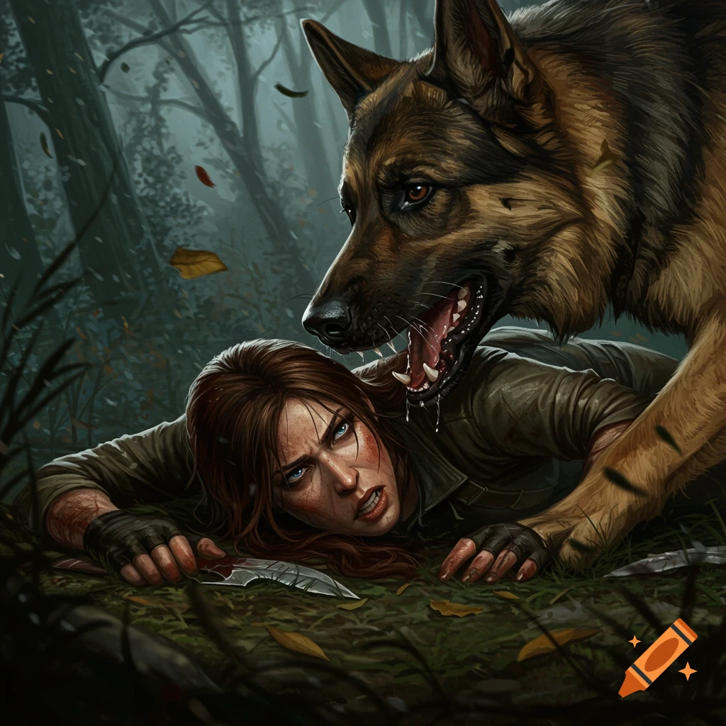 A distressed woman on the forest ground is confronted by an aggressive German Shepherd, its bared teeth near her face, in a dramatic, dark fantasy art style.