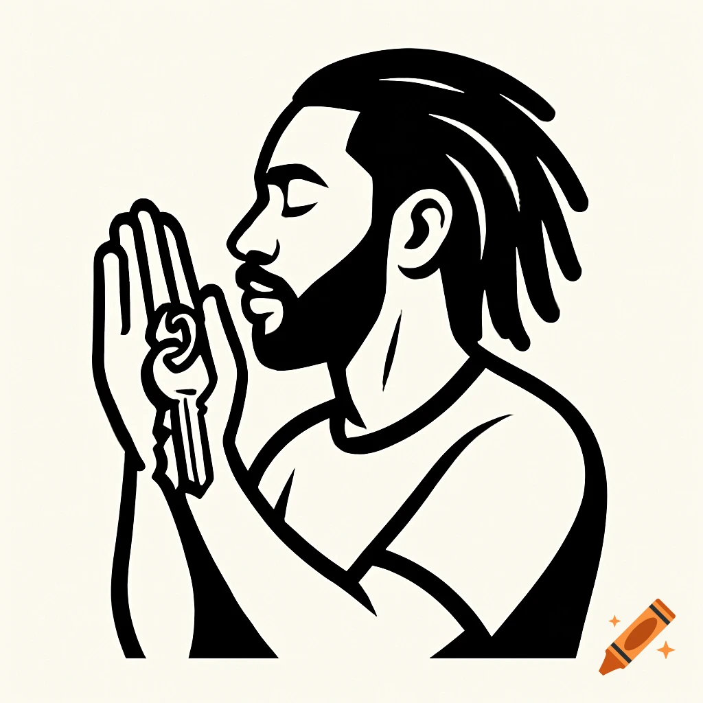 Black male character with dreadlocks in side profile, holding a key in prayer hands. Bold, minimal logo style illustration.