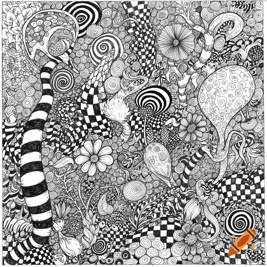 Intricate black and white line art zentangle with swirling patterns, checkerboards, and whimsical abstract forms in a square format.
