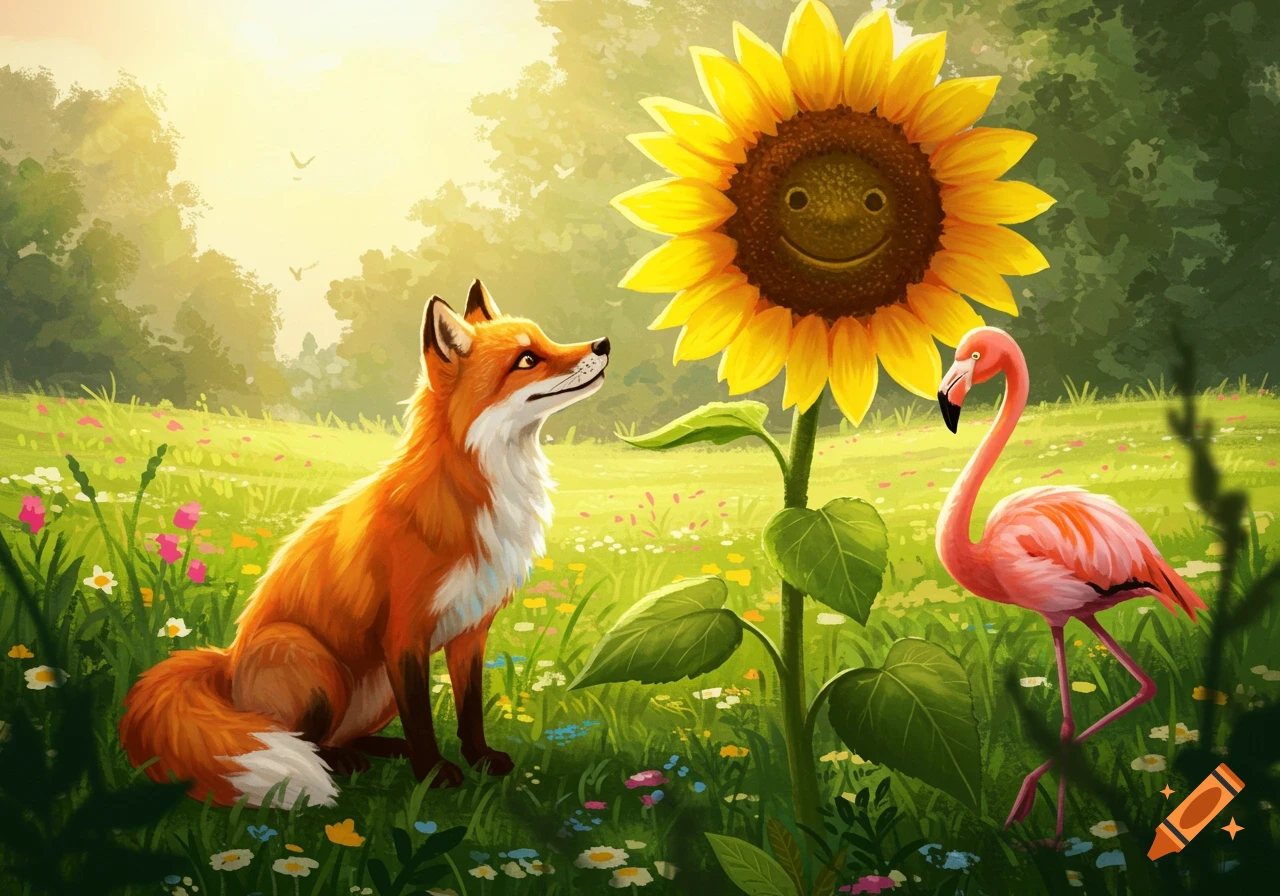 A vibrant illustration of a fox looking up at a smiling sunflower, with a pink flamingo standing in a grassy field under a sunny sky.