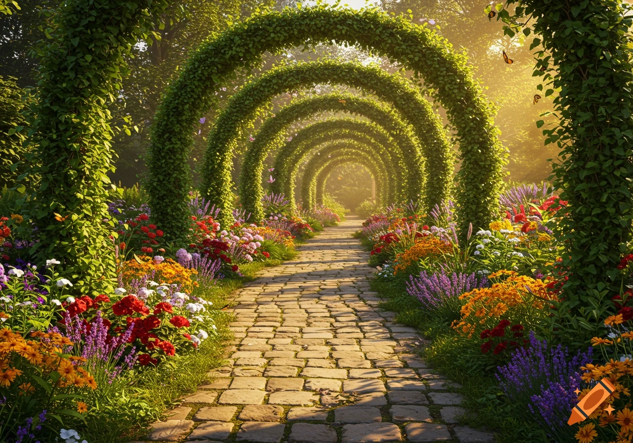 A stone pathway stretches through a vibrant garden with vine-covered arches and colorful flowers under golden sunlight.