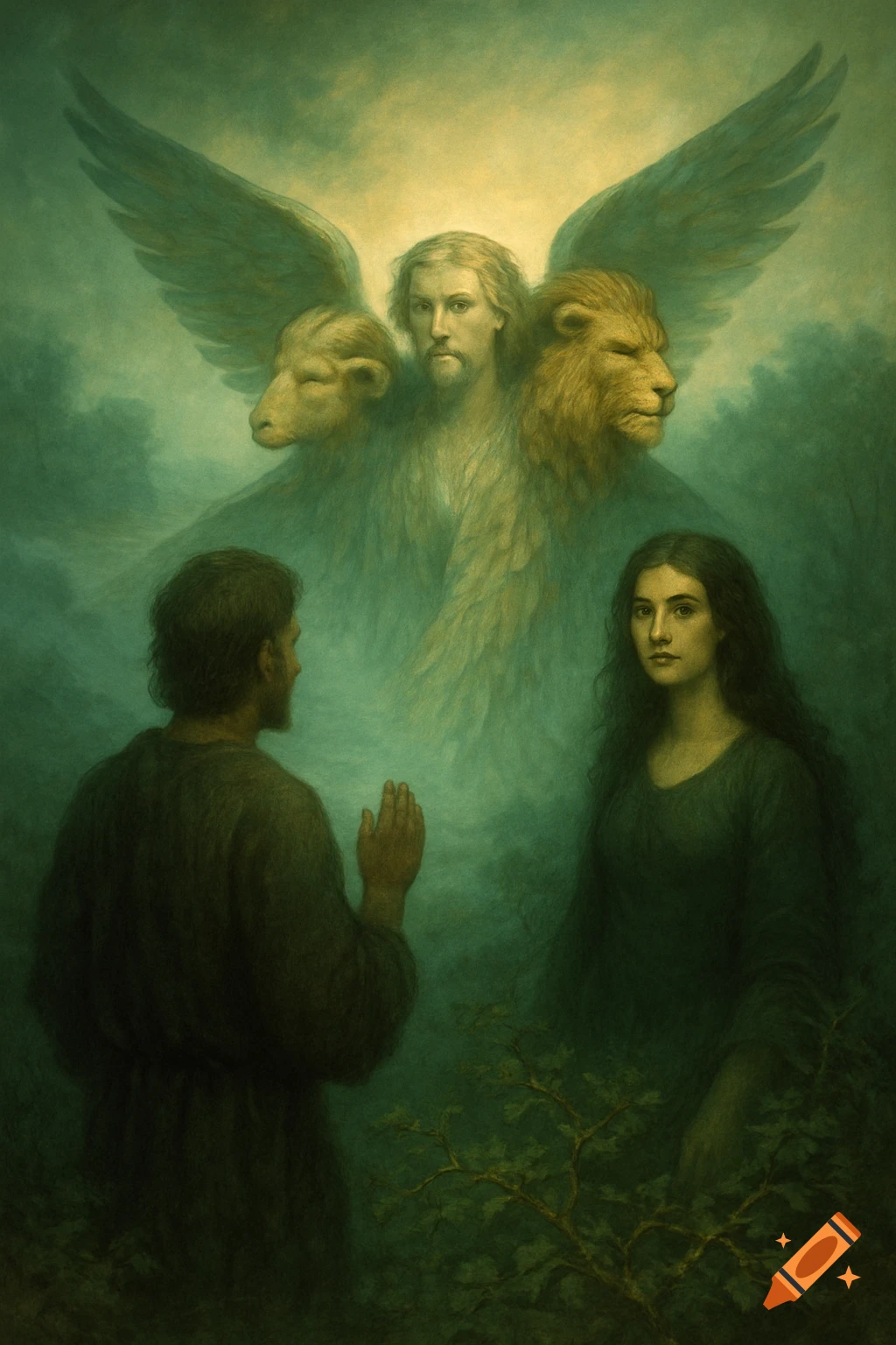A man and woman in a misty green landscape gaze at a winged being with human, lion, and ram heads.