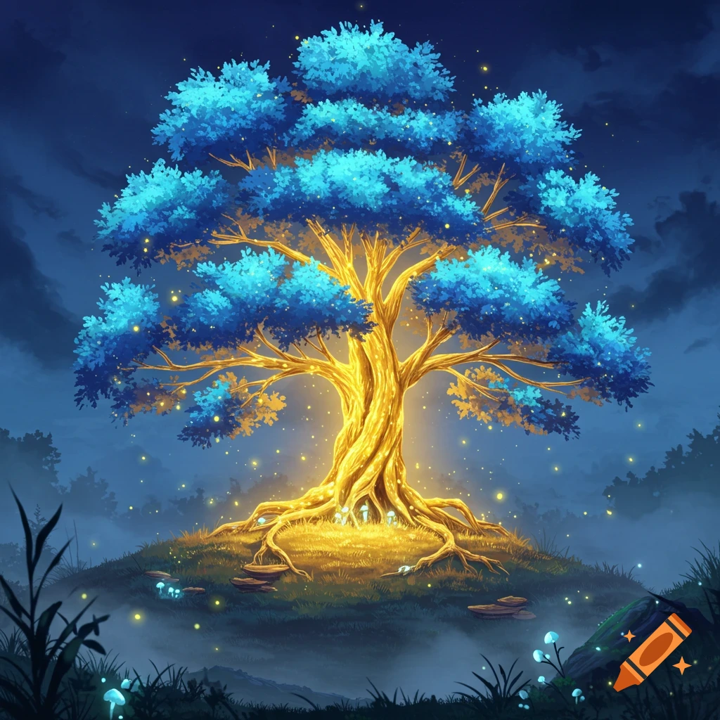 A vibrant golden tree with bright blue foliage glows on a misty hill, surrounded by luminous particles and glowing mushrooms.