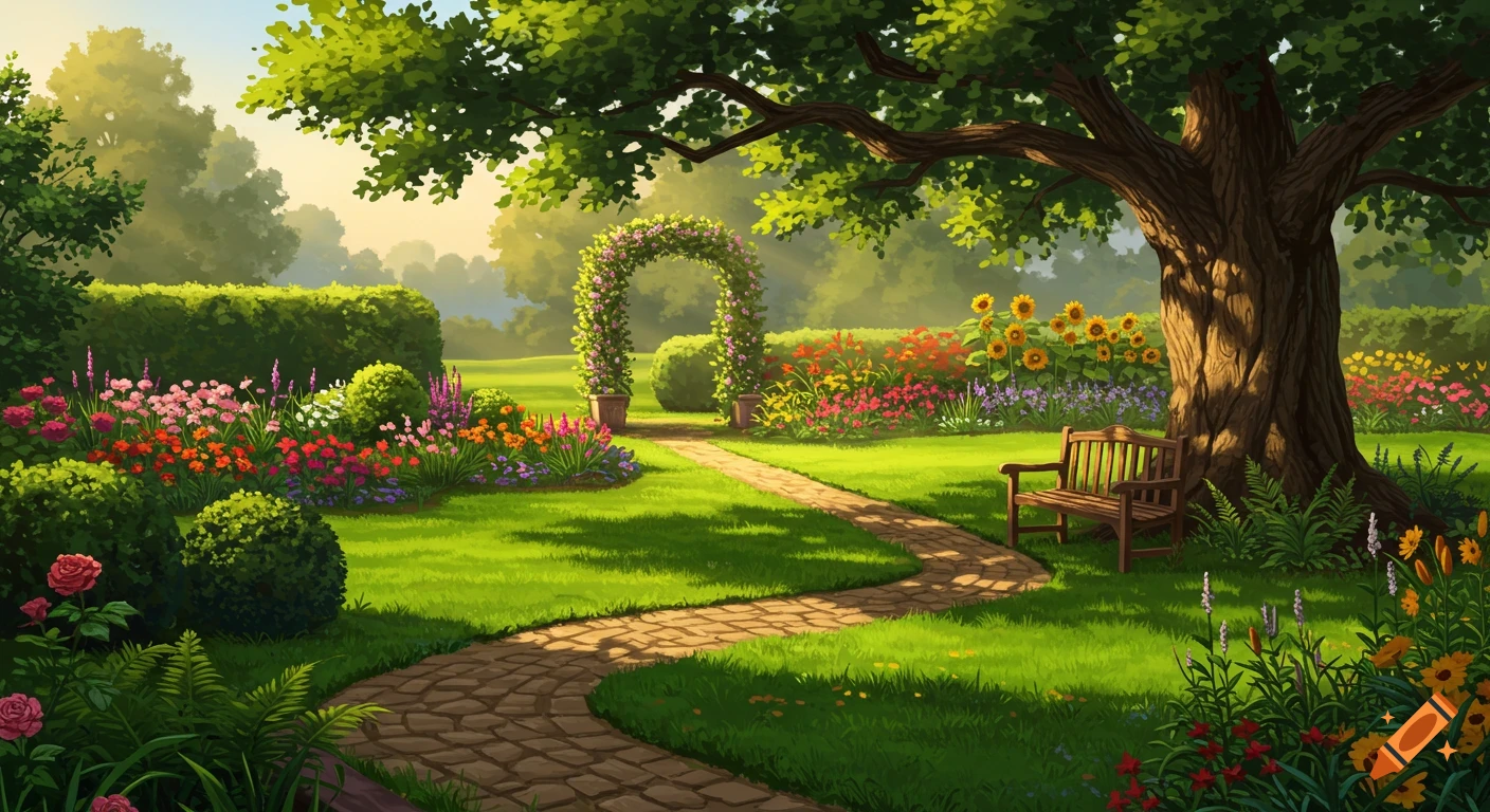 A vibrant garden with a winding brick path, an archway, colorful flowers, green hedges, a large tree, and a wooden bench.