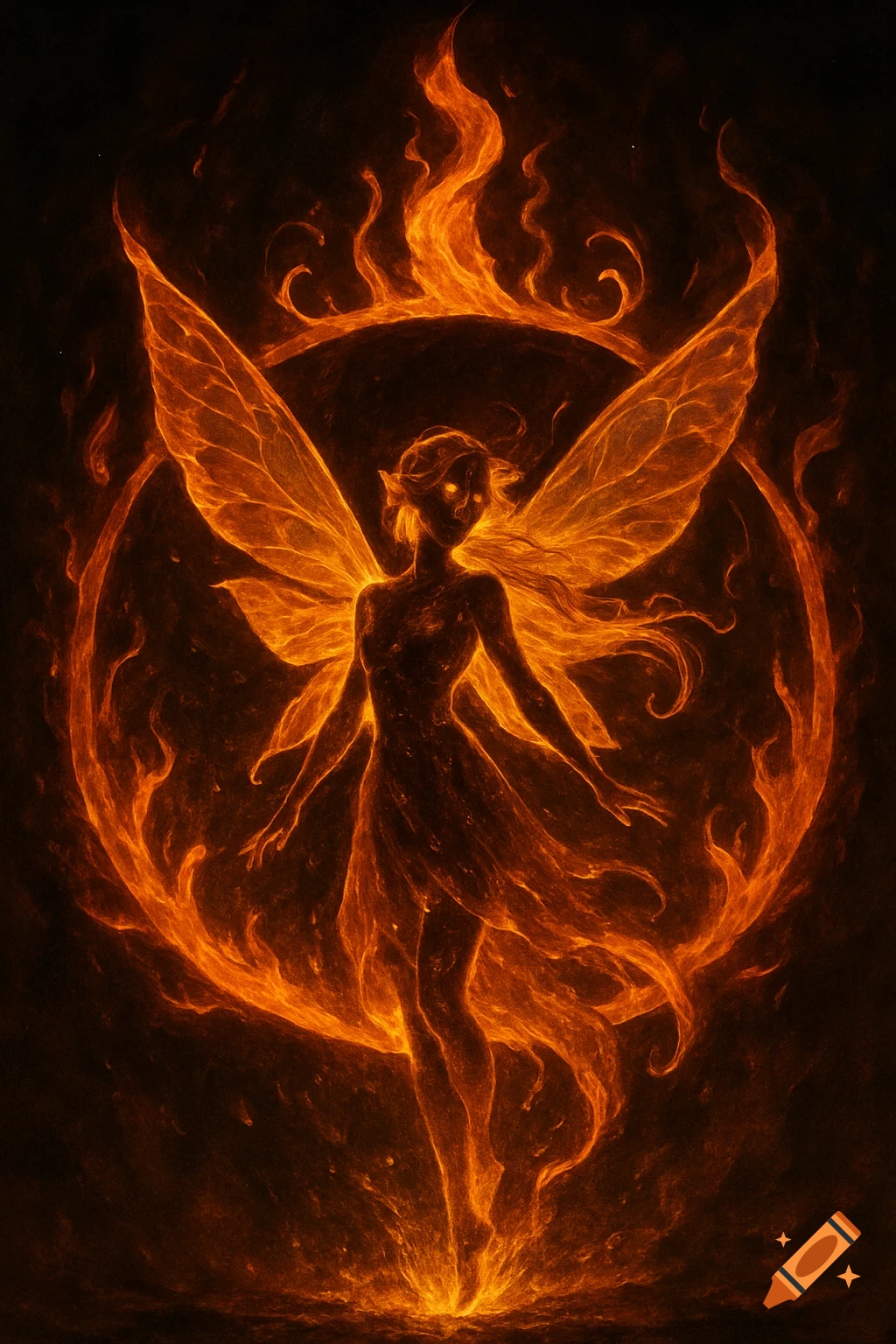 A fiery fairy with glowing wings stands within a circular flame border against a dark background, in a digital art style.