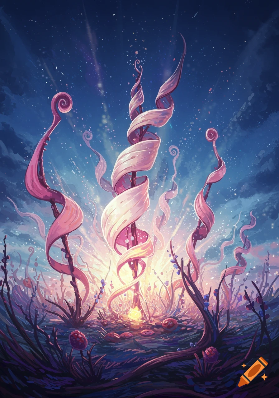 Vibrant digital painting of glowing pink fantastical plants in a mystical landscape under a starry blue and purple sky.